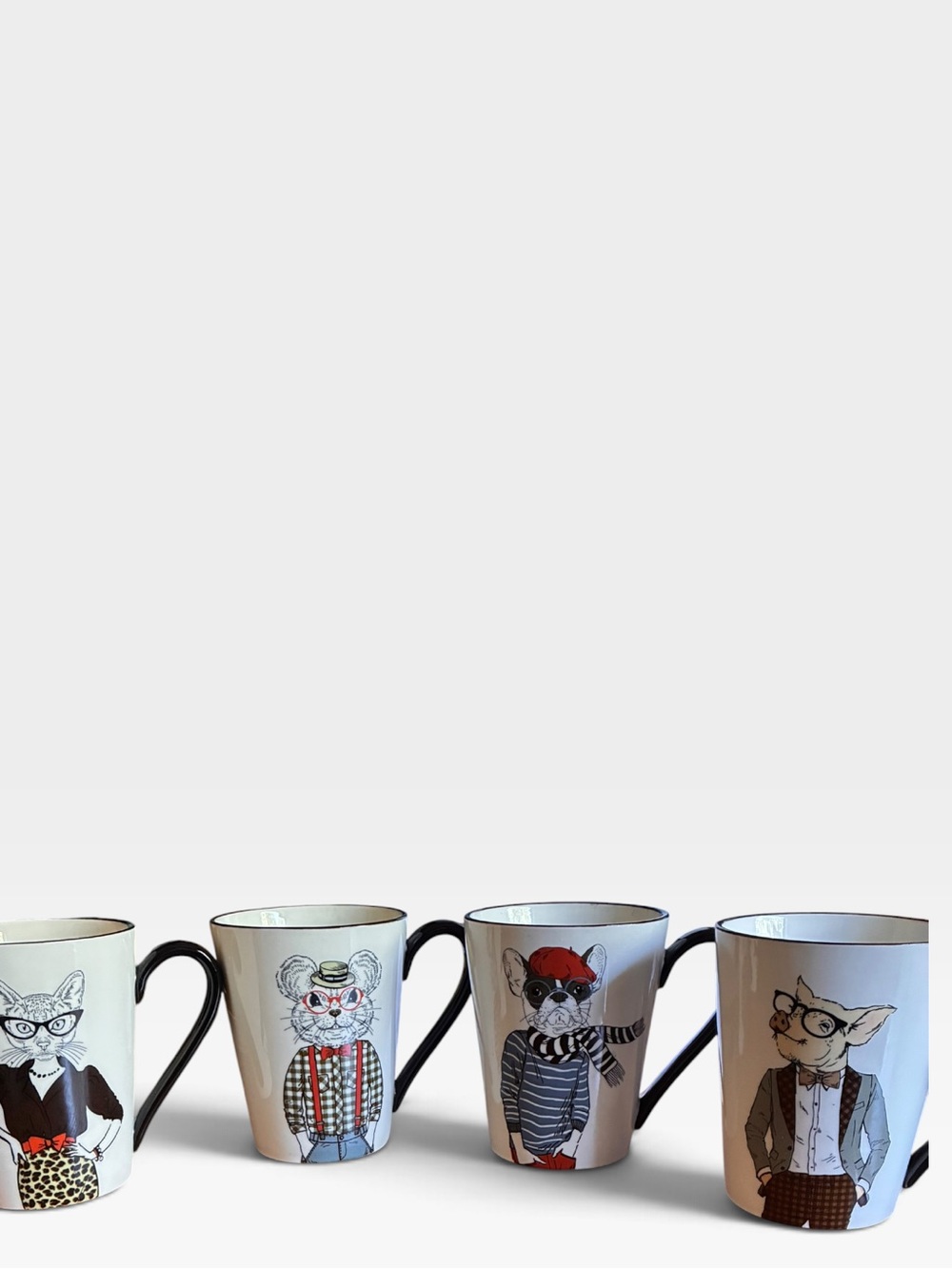 Signature White Ceramic Mugs with Fashionable Cat Illustrations - Set of 4